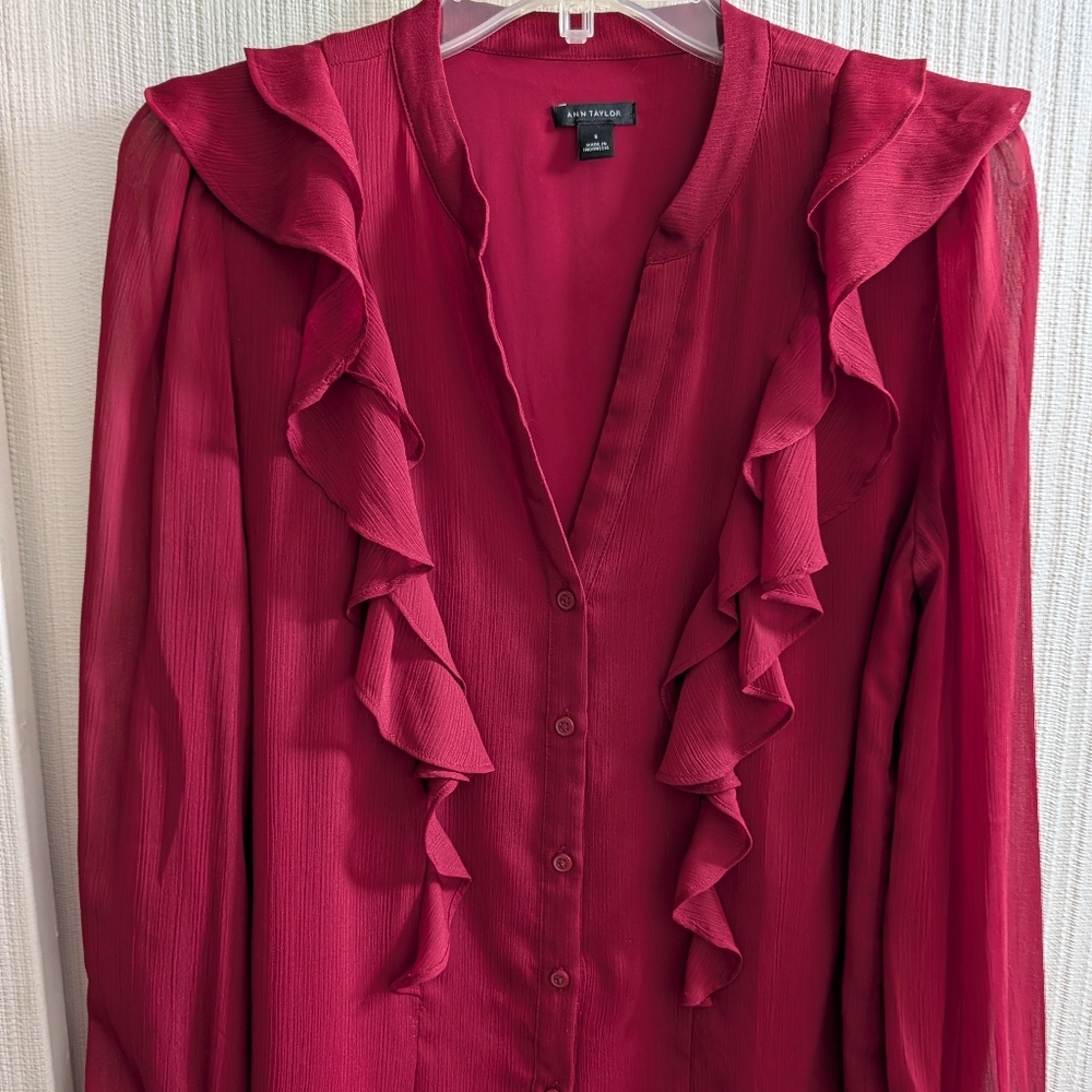 Ann Taylor Burgundy Ruffle Long Sleeve Blouse Size S
